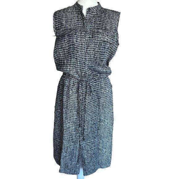 Ann Taylor Dress Size Medium Linen Blend Patterned Waist Tie‎ Midi White Blue - Picture 1 of 9